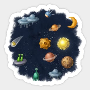 Outer space with aliens and planets. Sticker